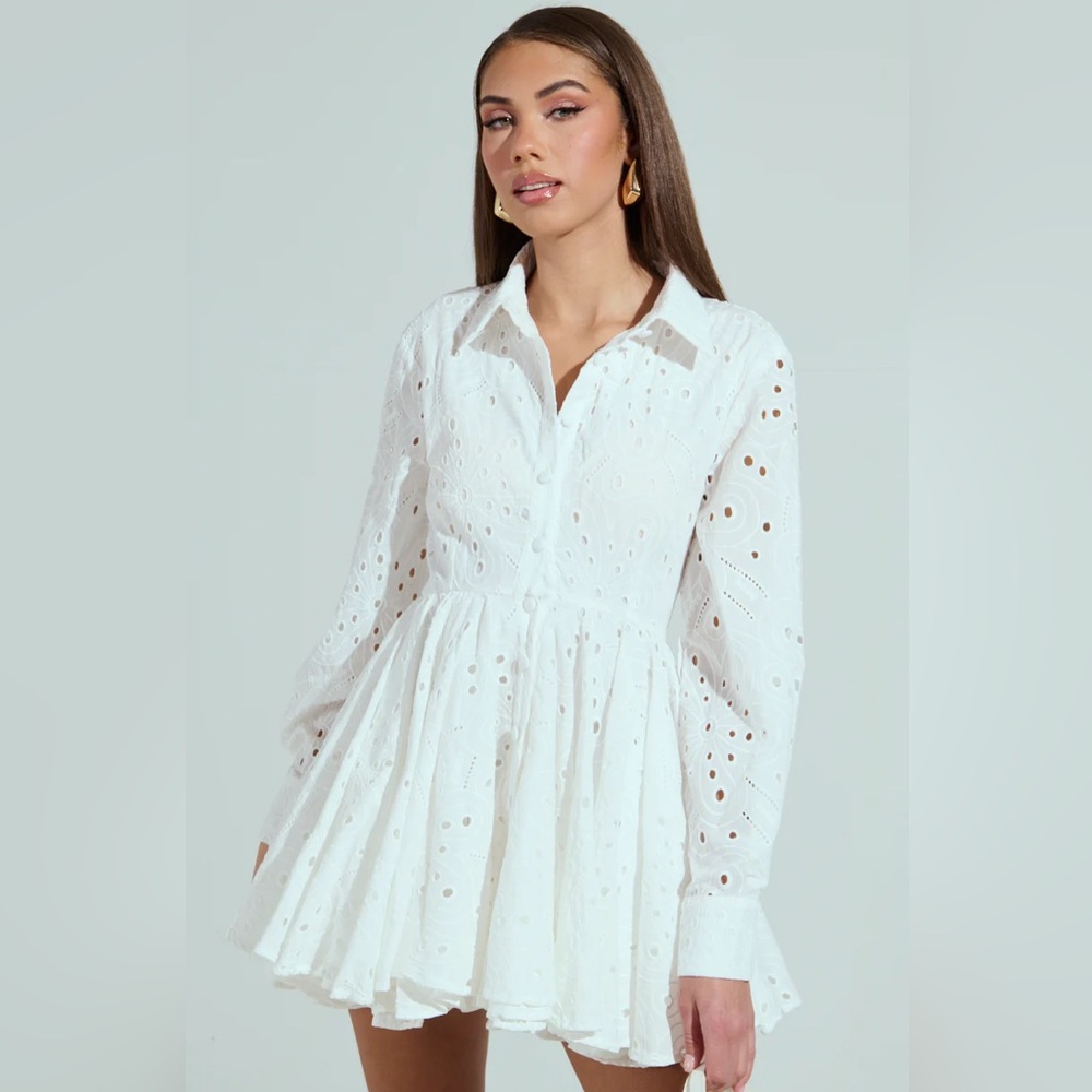 AKIRA White Eyelet Long-Sleeve Mini Dress
